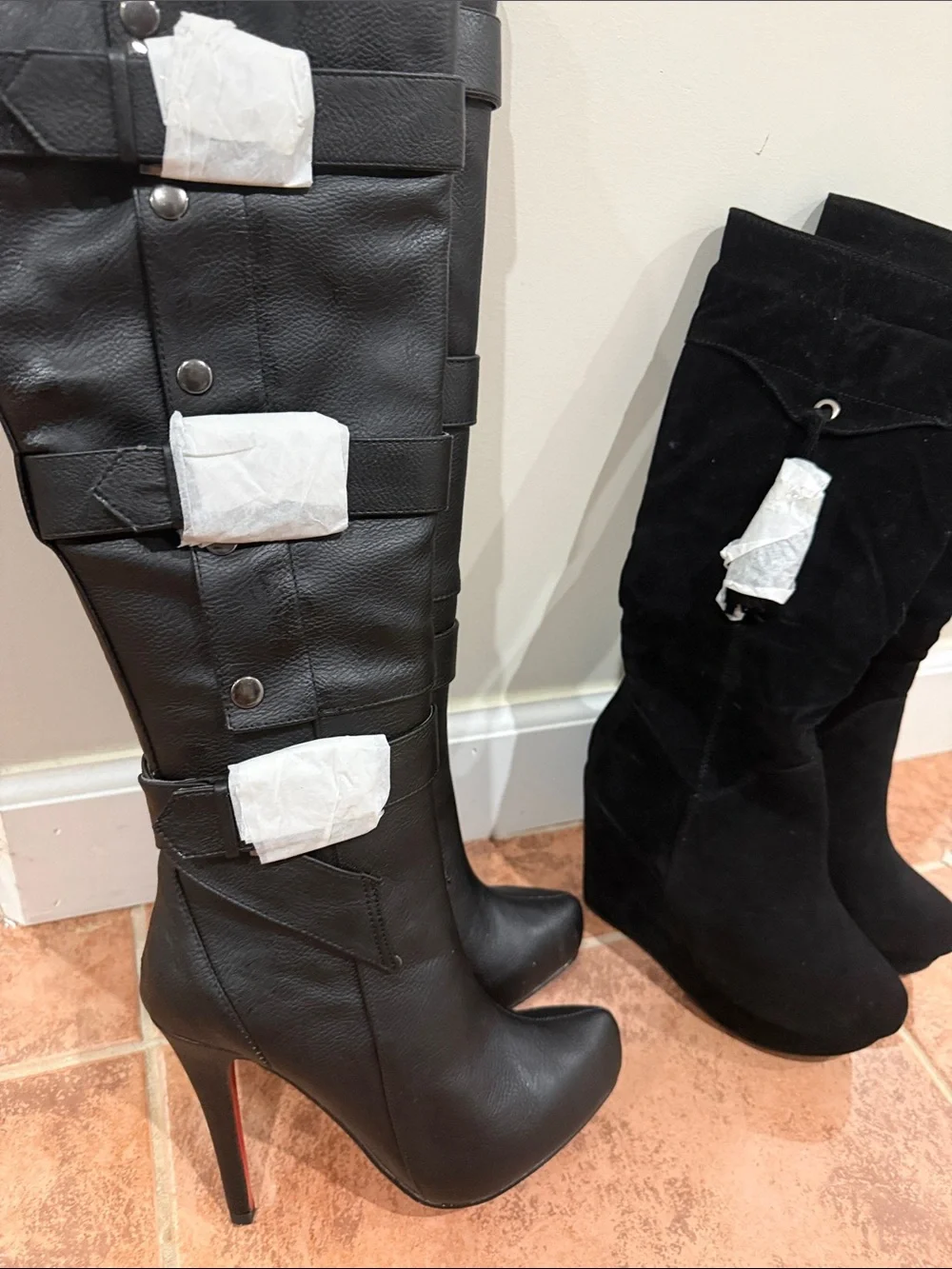 Brand New 2 Pairs of Women's Black Tall Heel Wedge Boots with Buckle Detail
